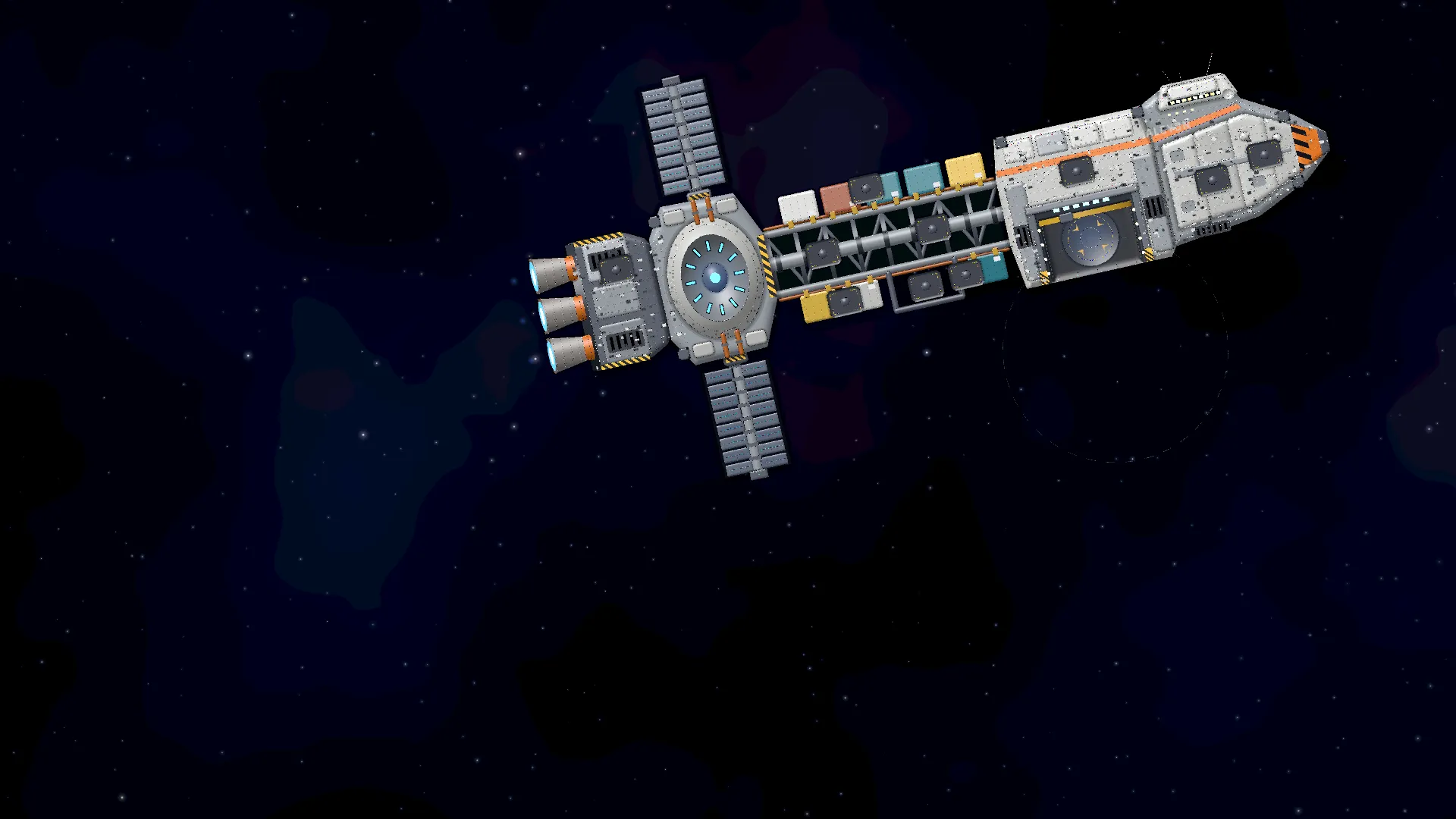 The Halcyon, a damaged industrial carrier, drifting in space